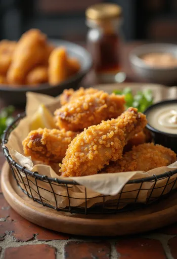 Sayap ayam goreng tepung renyah cokelat keemasan, disajikan dengan sayuran segar dan saus celup.