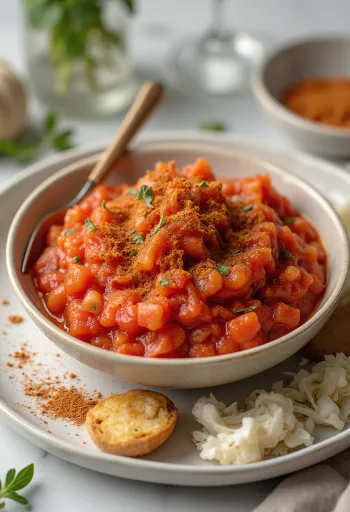 Saus tomat paprika rosemary dalam mangkuk, dihiasi dengan rosemary segar dan paprika.