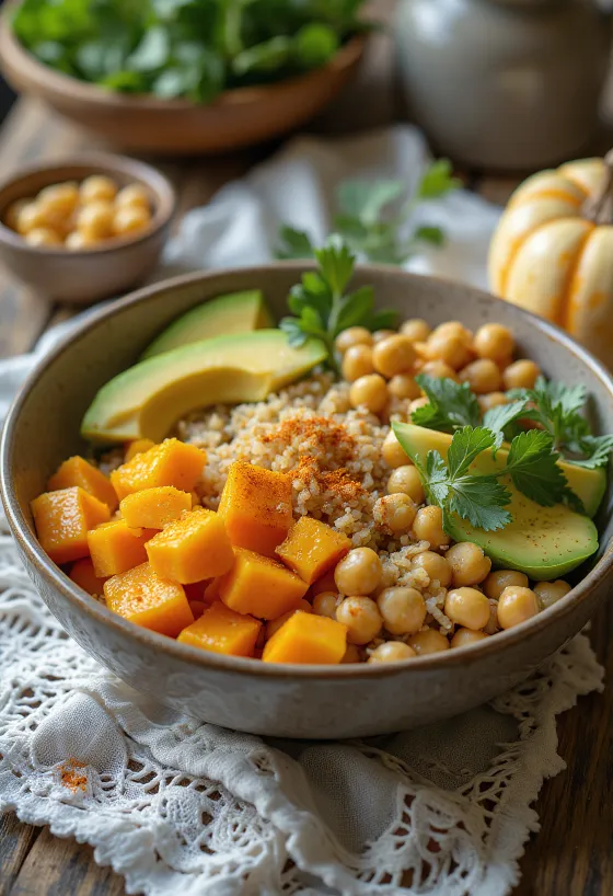 Buddha bowl labu kuning dengan sayuran segar dan quinoa