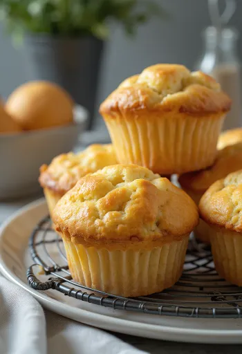 Muffin keju cottage lembut dipanggang cokelat keemasan, ditaburi vanila dan gula halus