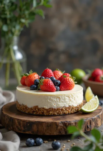 Cheesecake vegan disajikan dengan hiasan buah segar