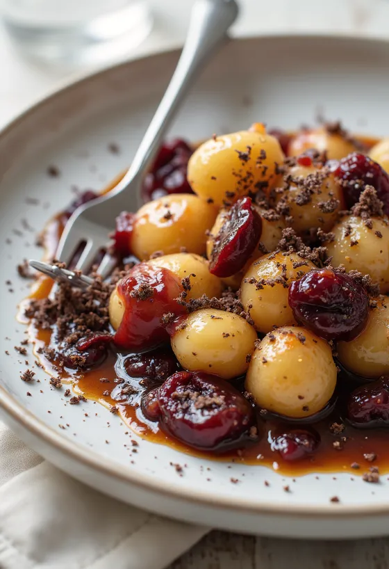 Gnocchi anggur merah dan plum kering disajikan