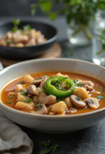 Sup Bakony disajikan dengan sayuran kaya dan daging asap