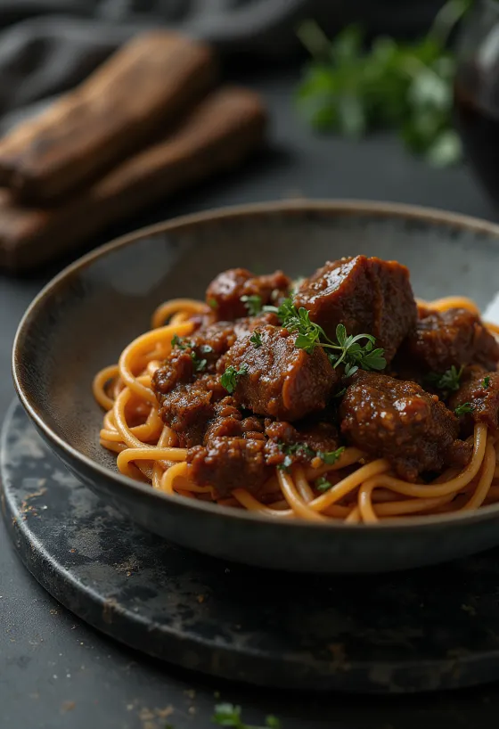 Ragu pipi sapi disajikan dengan pasta