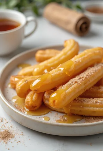 Churros dengan madu, churros cokelat keemasan disajikan dengan saus madu