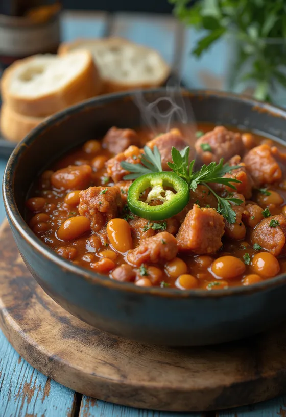 Goulash kacang Hungaria tradisional disajikan kaya dengan sayuran dan potongan daging, dihiasi dengan krim asam dan peterseli
