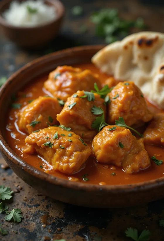 Ayam tikka masala dalam saus tomat krim, dihiasi dengan ketumbar segar