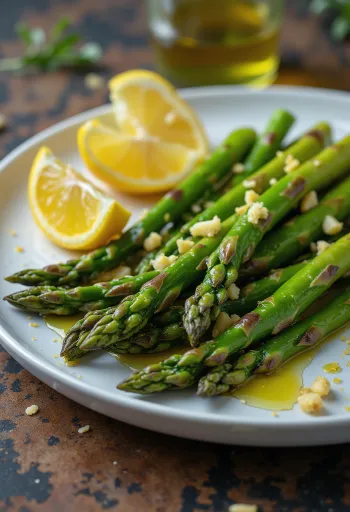 Asparagus bakar dengan lemon dan almond sangrai disajikan.