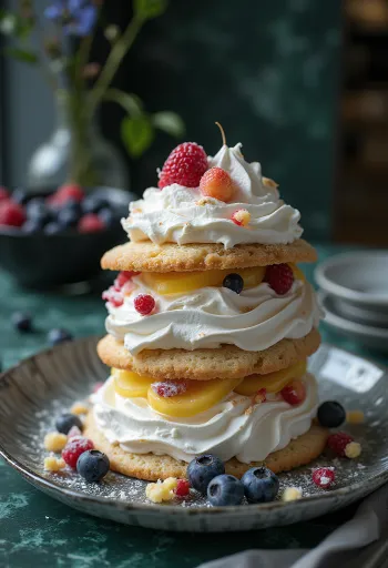 Kue meringue dihiasi buah-buahan