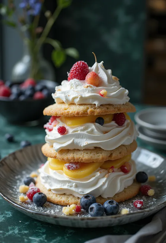 Kue meringue dihiasi buah-buahan