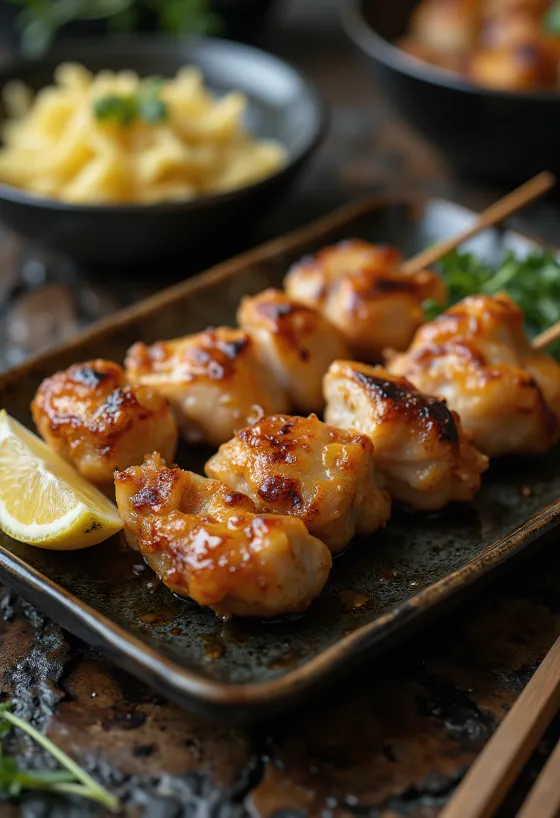 Momo yakitori paha ayam di tusuk sate, disajikan dengan wijen dan bawang daun segar