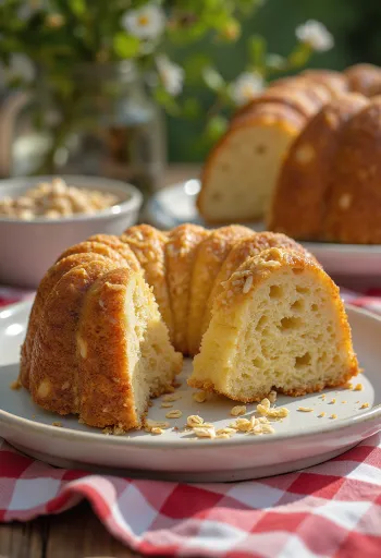 Bolu gugelhupf oatmeal disajikan di atas alas kue