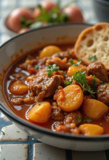 Goulash daging sapi disajikan dalam mangkuk rustik