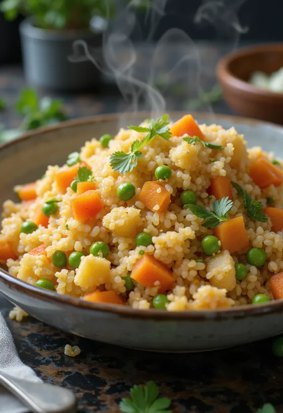 Pilaf bulgur dengan sayuran, disajikan