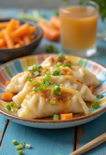 Gyoza wortel dalam penyajian ramah anak, potongan bagian bawah cokelat keemasan dengan kecap asin