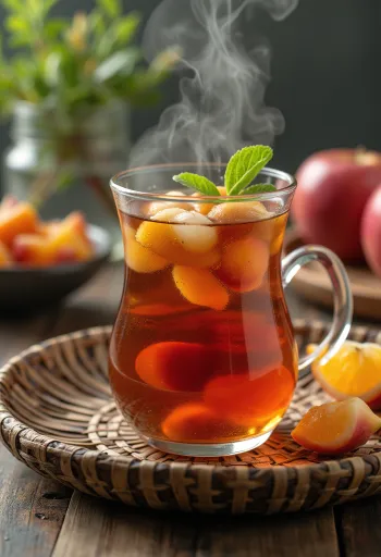 Teh buah rumahan dengan buah segar dan mint