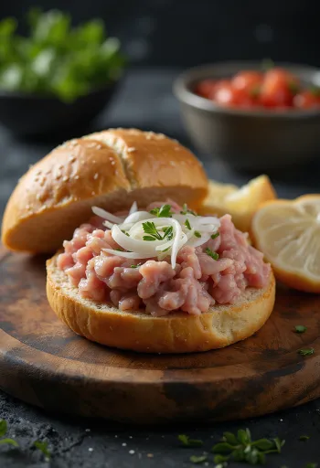 Mettbrötchen, daging cincang mentah di atas roti gulung dengan bawang merah