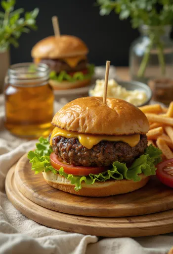 Burger daging anjing laut disajikan dengan selada, tomat, dan mayones.