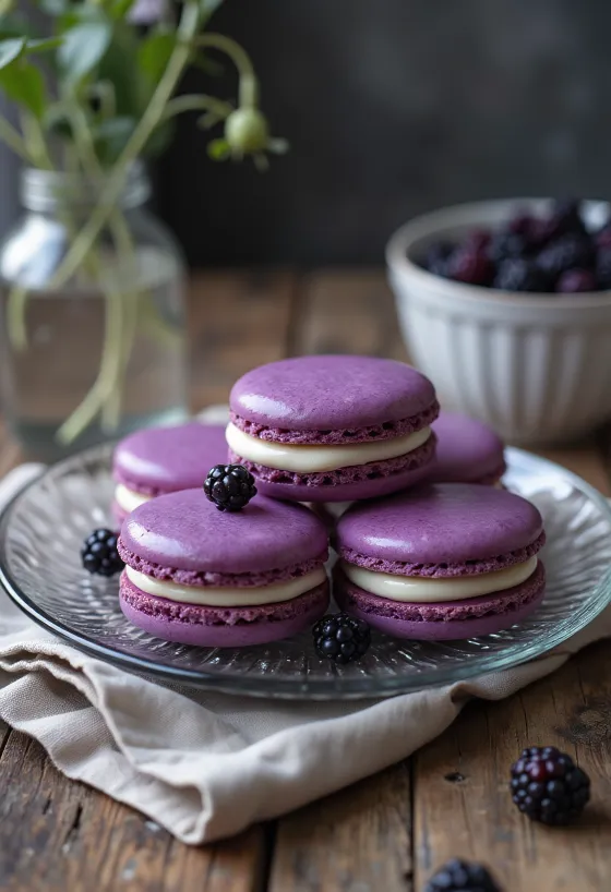 Macaron krim blackberry disajikan