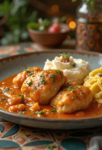 Ayam paprika krim asam dengan potongan ayam juicy, disajikan dalam saus krim asam-paprika merah yang lembut