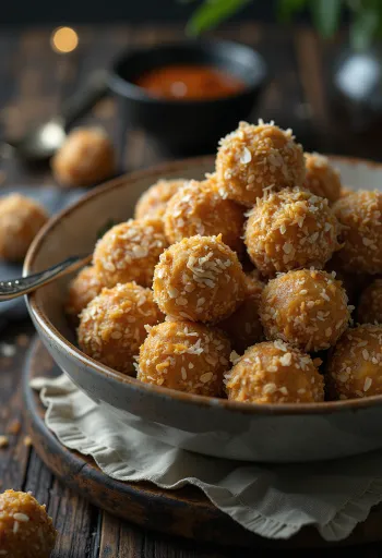 Bola-bola kelapa oatmeal disajikan dalam mangkuk