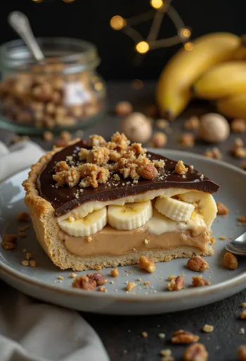 Pie kacang pisang dihiasi dengan cokelat dan kacang