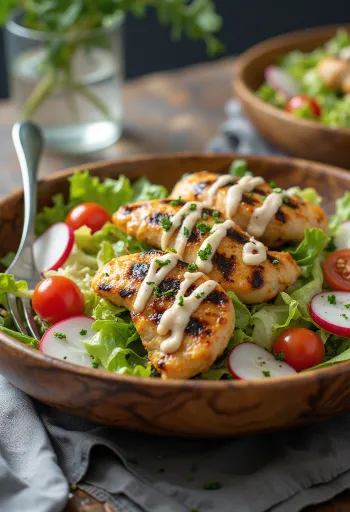 Potongan ayam dengan salad dan saus yogurt disajikan