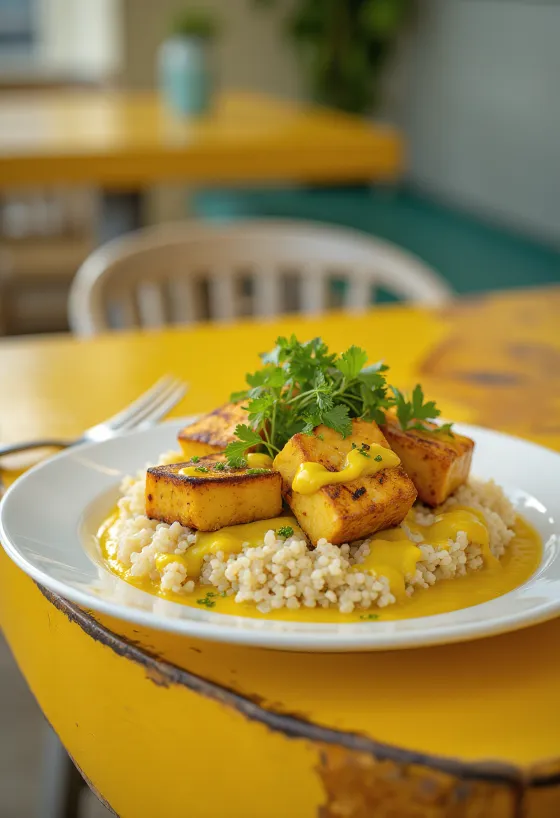 Tahu bakar kari quinoa dengan tahini disajikan