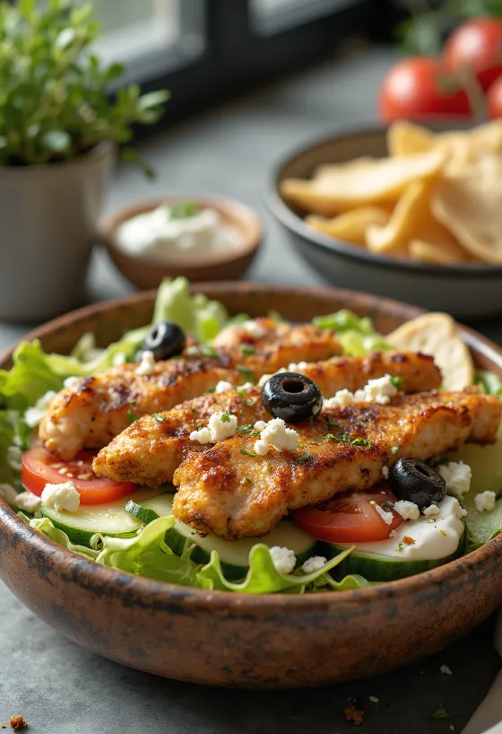 Salad Gyros dengan ayam panggang, sayuran segar, dan saus tzatziki