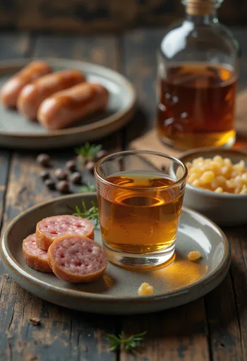 Likur sosis rumahan dalam botol, di sebelahnya sosis asap dan rempah-rempah
