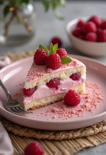 Kue yogurt raspberry disajikan dengan raspberry segar dan gula halus