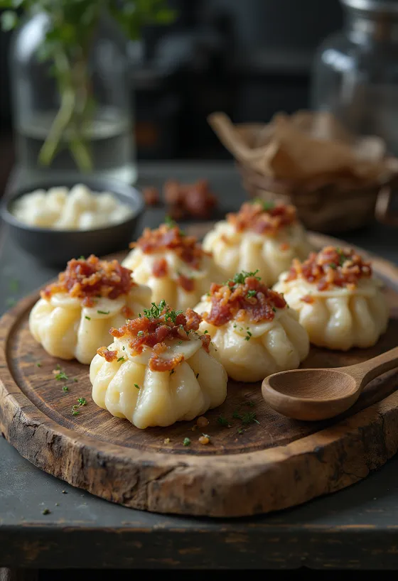 Strapacky keju cottage disajikan dengan krim asam dan daging sapi asap goreng.