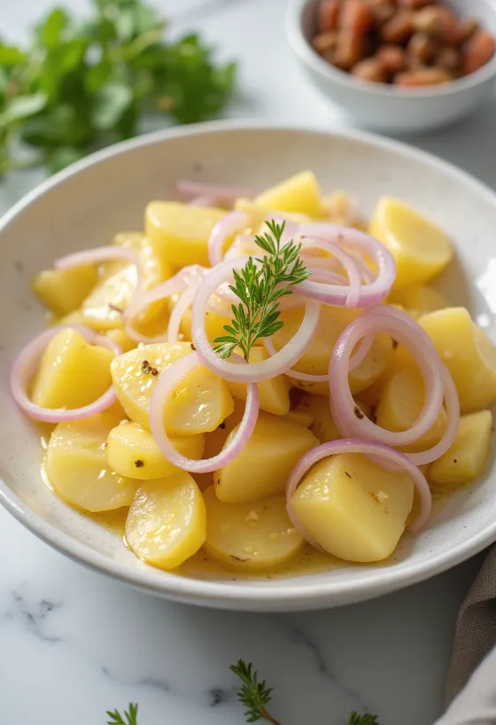 Salad kentang segar dengan kentang rebus, bawang merah, dan peterseli segar disajikan.