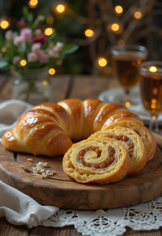 Gulungan marzipan dengan kulit cokelat keemasan dan isian kaya