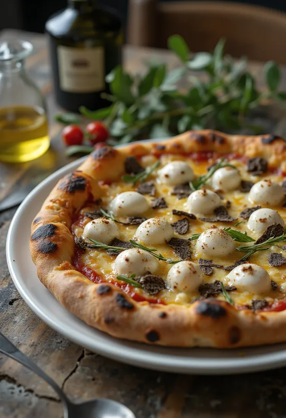 Pizza al tartufo dengan taburan truffle iris