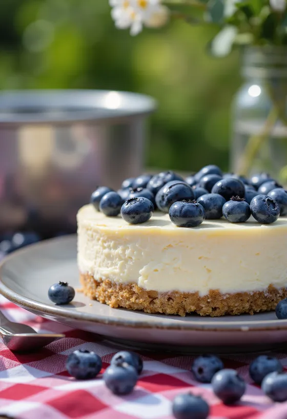 Cheesecake blueberry disajikan di piring keramik