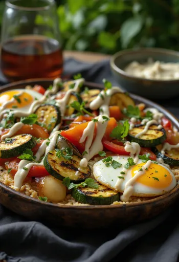 Sayuran panggang dengan saus tahini, dihiasi dengan peterseli