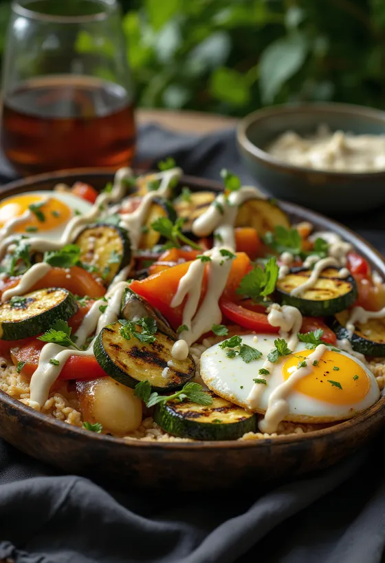 Sayuran panggang dengan saus tahini, dihiasi dengan peterseli