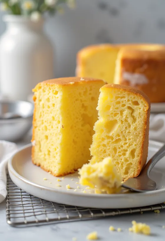 Bolu spons rumahan dipotong-potong, dengan lapisan atas berwarna cokelat keemasan