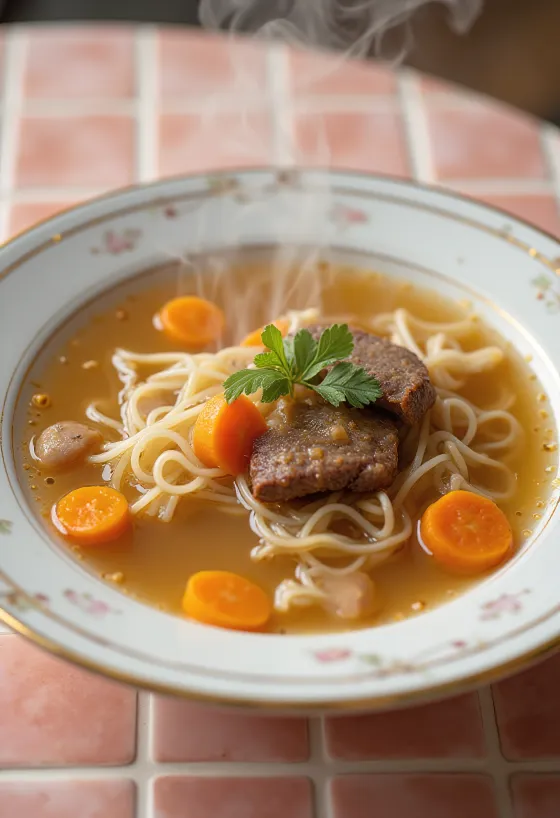 Sup daging disajikan dengan sayuran segar dan mie