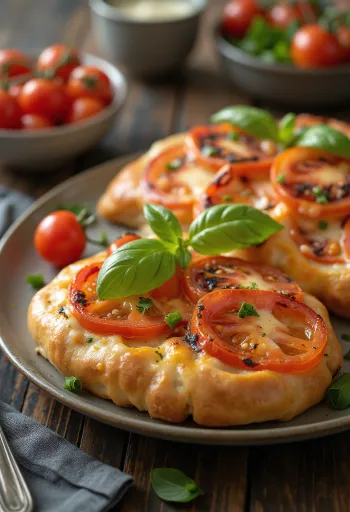 Khachapuri dengan Tomat, roti pipih keju cokelat keemasan segar dengan irisan tomat