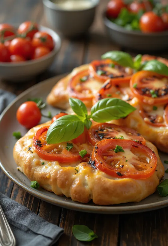 Khachapuri dengan Tomat, roti pipih keju cokelat keemasan segar dengan irisan tomat
