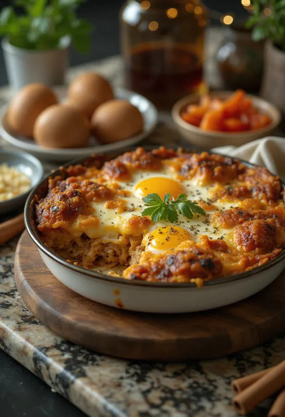 Moussaka rempah, dengan lapisan daging dan keju cottage