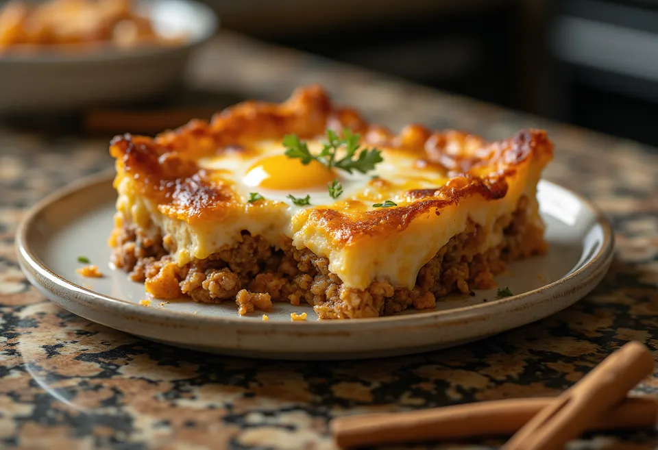Moussaka rempah, dengan lapisan daging dan keju cottage