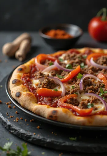 Pizza Algerienne dengan daging cincang dan paprika