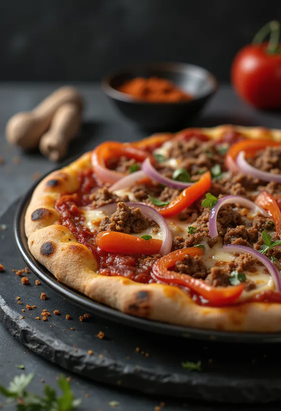 Pizza Algerienne dengan daging cincang dan paprika