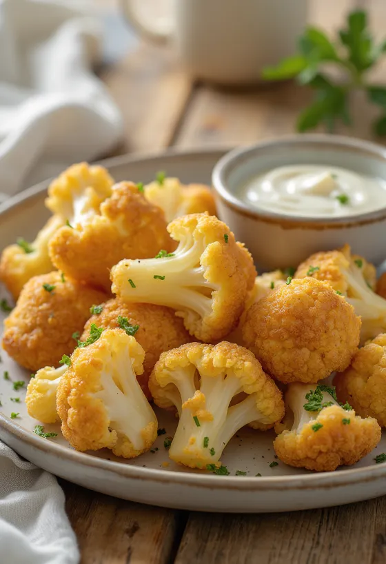 Kembang kol goreng cokelat keemasan, disajikan dalam lapisan renyah