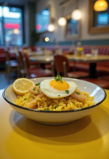Kedgeree ikan haddock asap disajikan dalam mangkuk dengan telur dan peterseli.