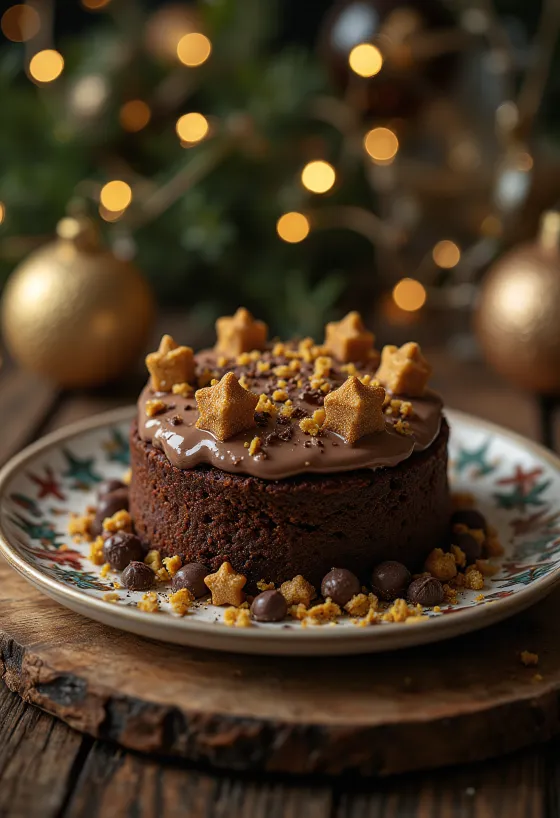 Kue cokelat adven dengan hiasan hari raya dan bintang