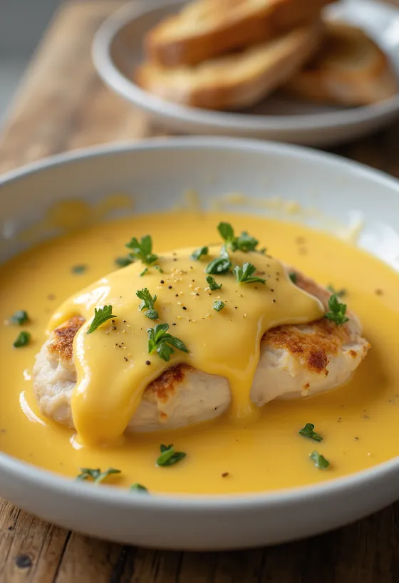 Dada ayam saus keju, disajikan dengan nasi putih